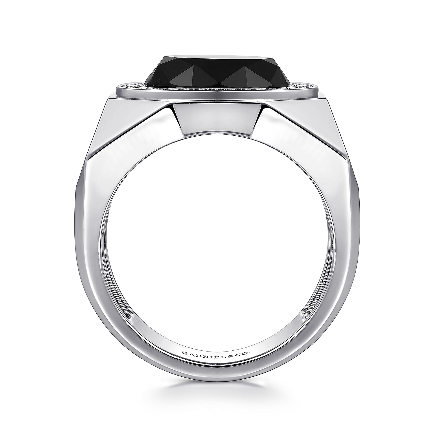 Wide Sterling Silver Ring with Faceted Onyx Stone in High Polish Finish