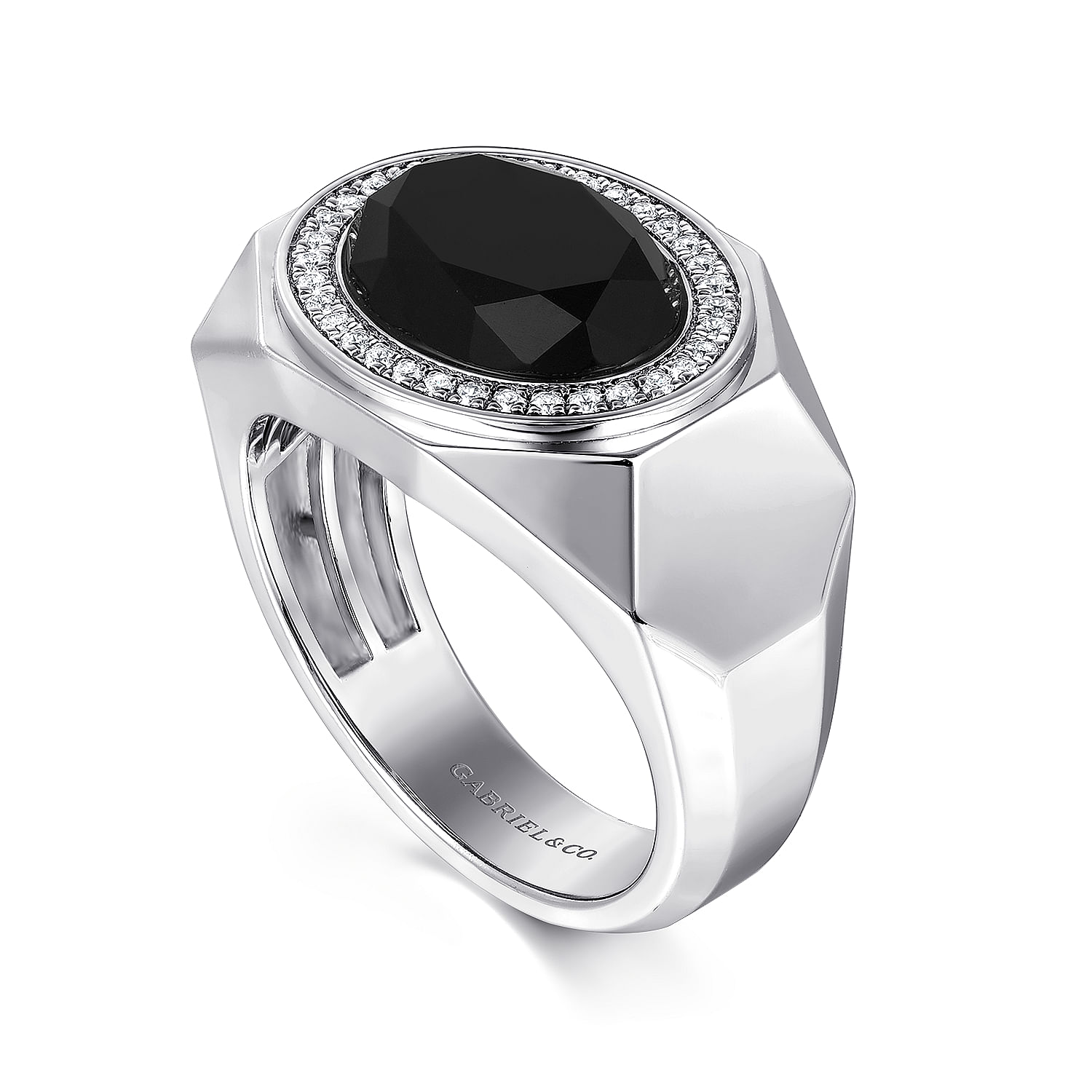 Wide Sterling Silver Ring with Faceted Onyx Stone in High Polish Finish