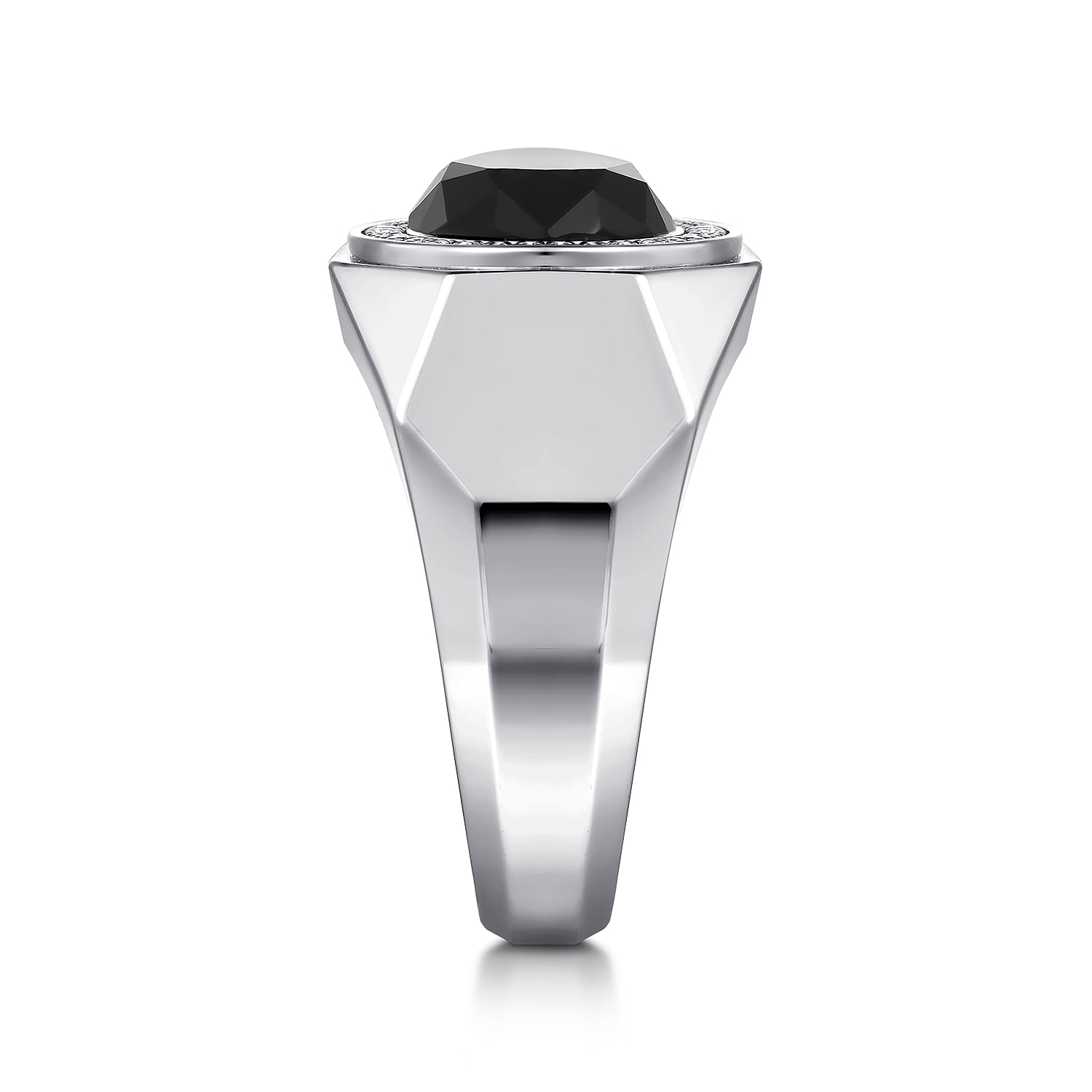 Wide Sterling Silver Ring with Faceted Onyx Stone in High Polish Finish