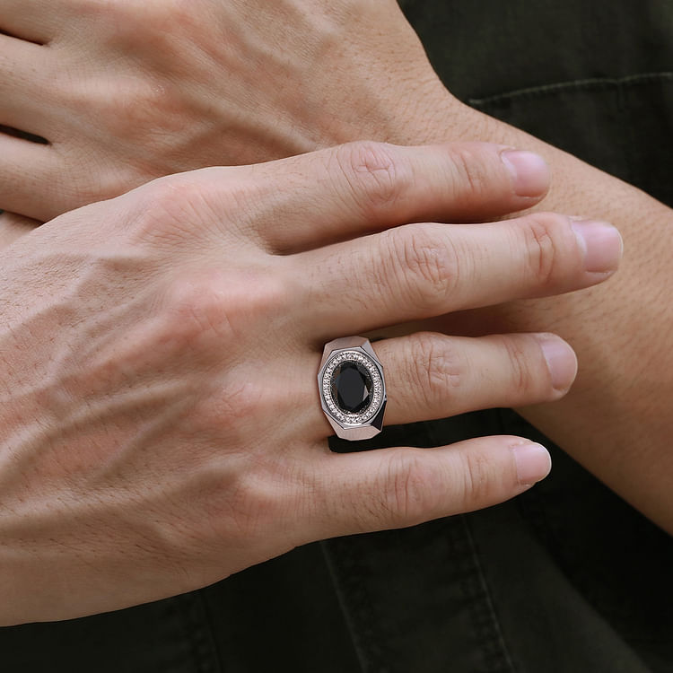 Wide Sterling Silver Ring with Faceted Onyx Stone in High Polish Finish