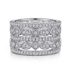 Wide Vintage Inspired 14K White Gold Diamond Ring