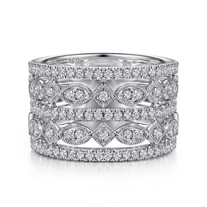 Wide Vintage Inspired 14K White Gold Diamond Ring