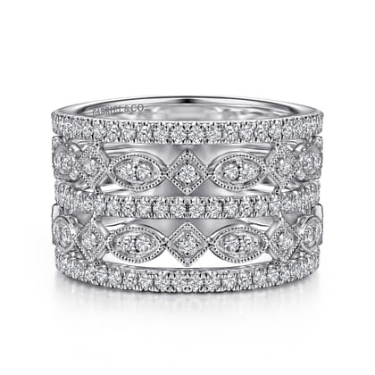 Wide Vintage Inspired 14K White Gold Diamond Ring