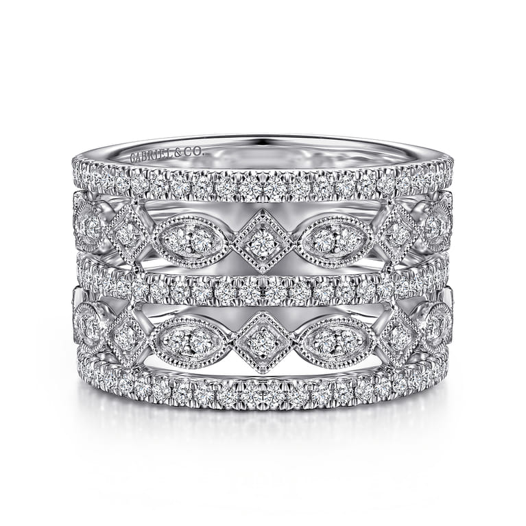 Wide Vintage Inspired 14K White Gold Diamond Ring - 0.75 ct - Shot 1