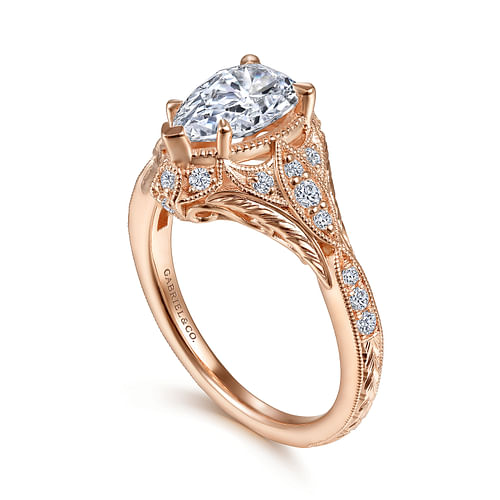 Windsor - Unique 14K Rose Gold Vintage Inspired Pear Shape Diamond Halo Engagement Ring - 0.26 ct - Shot 3