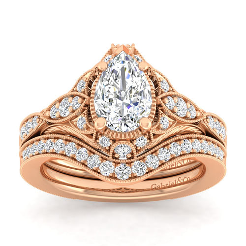 Windsor - Unique 14K Rose Gold Vintage Inspired Pear Shape Diamond Halo Engagement Ring - 0.26 ct - Shot 4