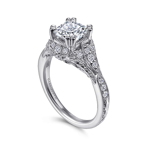 Windsor - Unique 14K White Gold Vintage Inspired Cushion Cut Diamond Halo Engagement Ring - 0.27 ct - Shot 3