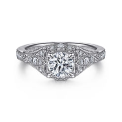 Unique 14K White Gold Vintage Inspired Diamond Halo Engagement Ring