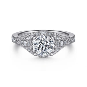 Windsor - Unique 14K White Gold Vintage Inspired Diamond Halo Engagement Ring