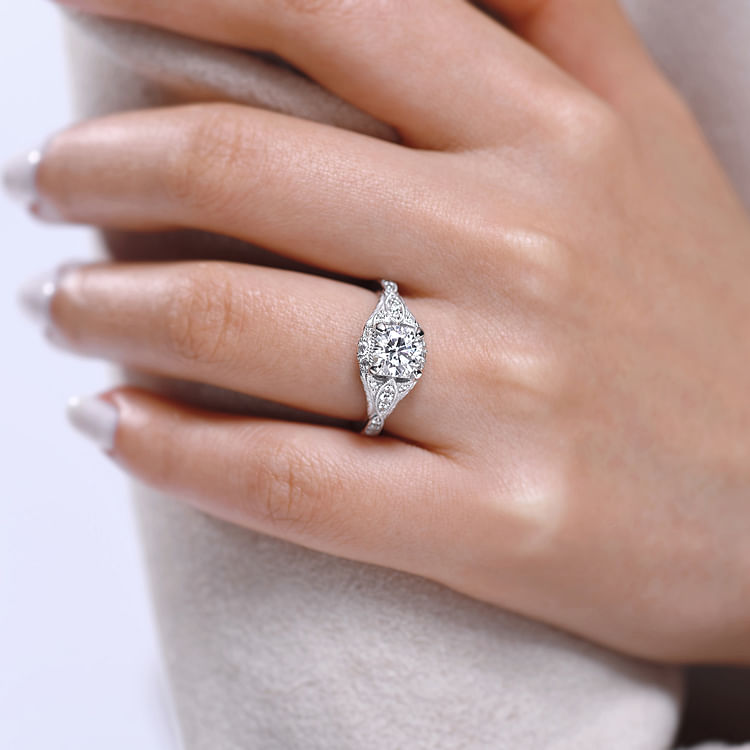 Windsor - Unique 14K White Gold Vintage Inspired Diamond Halo Engagement Ring