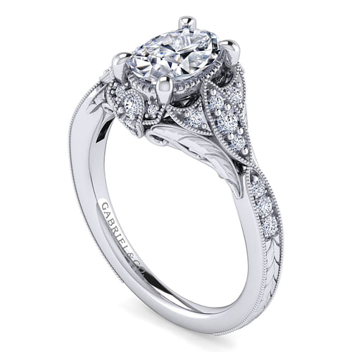 Windsor - Unique 14K White Gold Vintage Inspired Oval Halo Diamond Engagement Ring - 0.26 ct - Shot 3