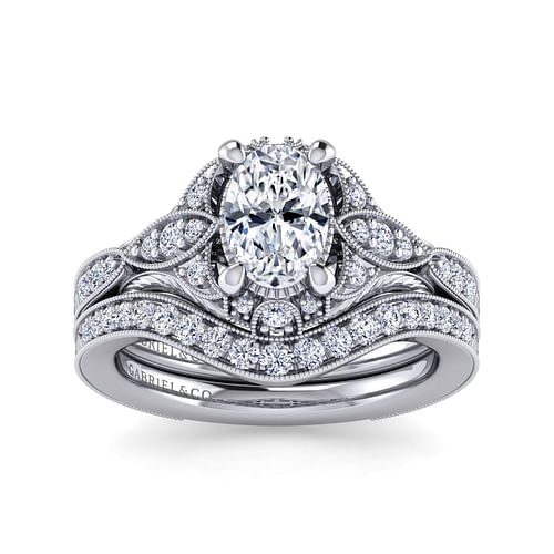 Windsor - Unique 14K White Gold Vintage Inspired Oval Halo Diamond Engagement Ring - 0.26 ct - Shot 4