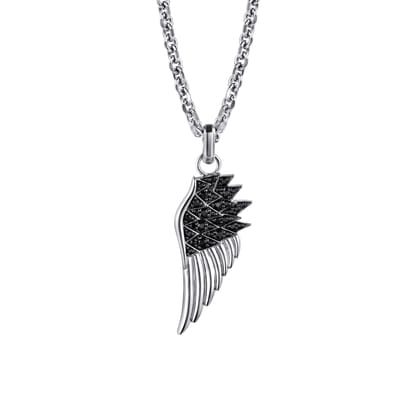 Wing Pendant Necklace 925 Sterling Silver Black Spinel