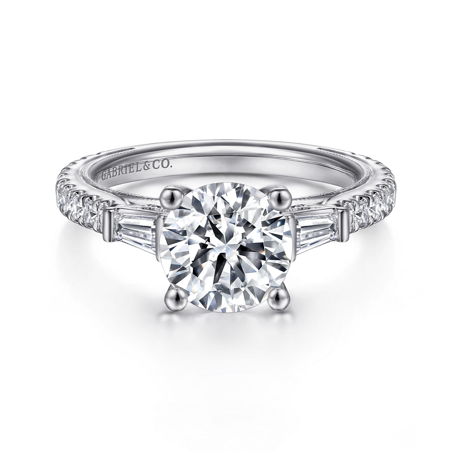 Yanna - Vintage Inspired 14K White Gold Round Three Stone Diamond Engagement Ring