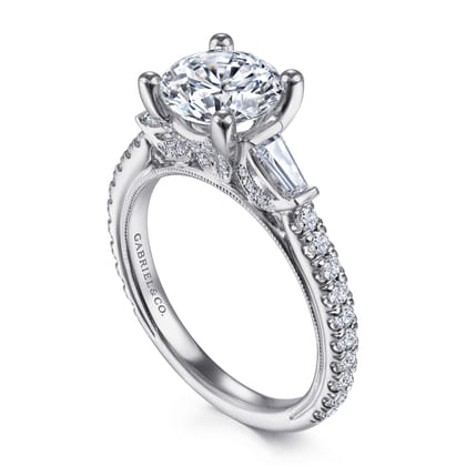 Yanna - Vintage Inspired 14K White Gold Round Three Stone Diamond Engagement Ring