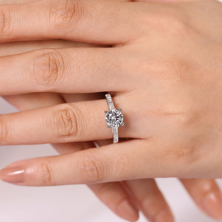 Yanna - Vintage Inspired 18K White Gold Round Three Stone Diamond Engagement Ring