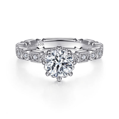 Ylanna - Vintage Inspired 14K White Gold Round Diamond Engagement Ring