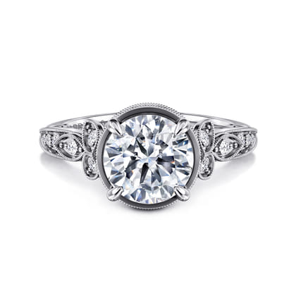 Yvonne - 14K White Gold Floral Round Diamond Engagement Ring