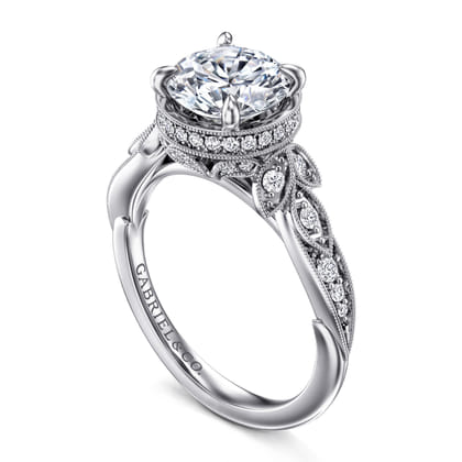 Yvonne - 14K White Gold Floral Round Diamond Engagement Ring