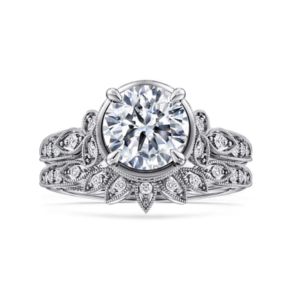 Yvonne - 14K White Gold Floral Round Diamond Engagement Ring