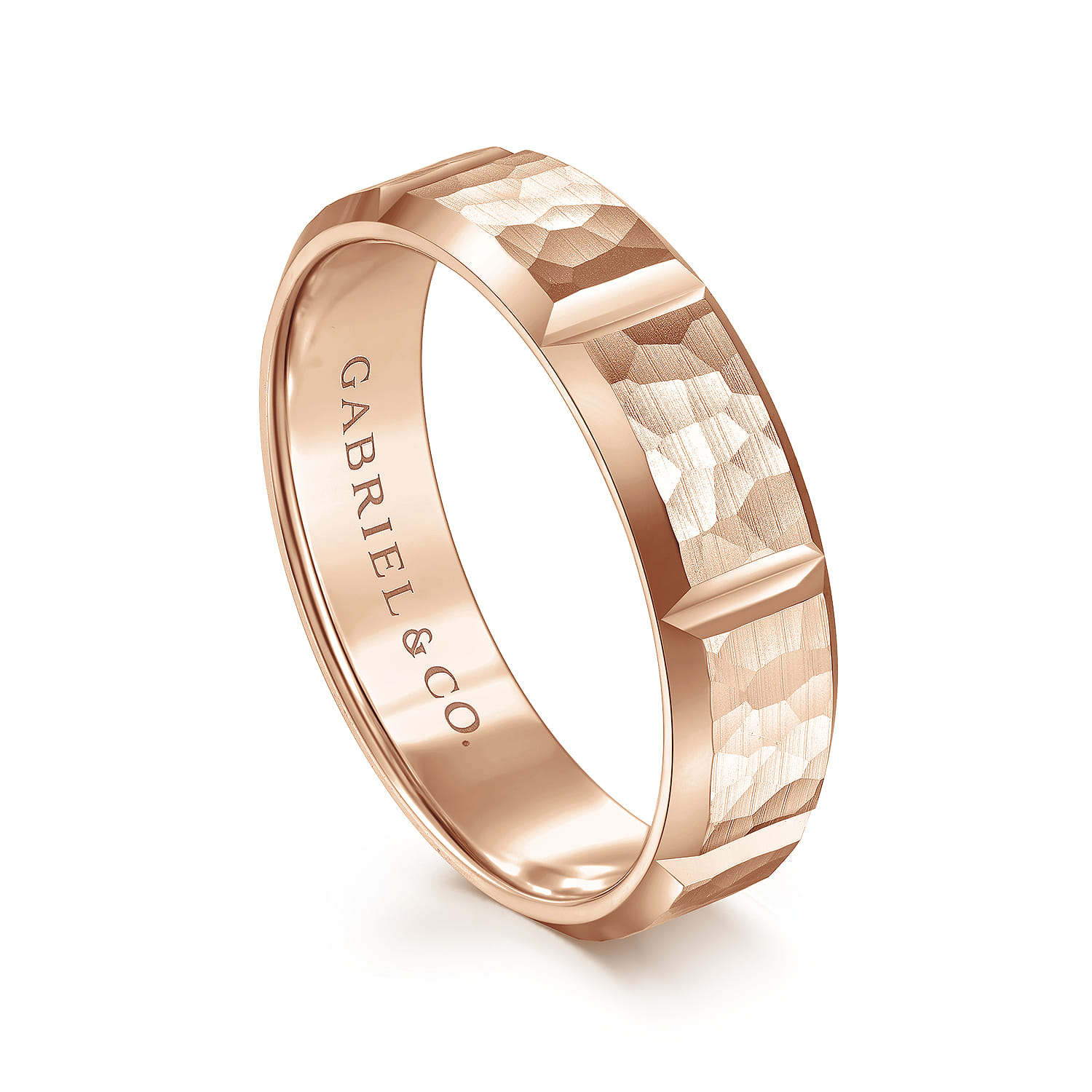 Zachary - 14K Rose Gold 6mm - Men's Wedding Band with Hammered Stations - Shot 3