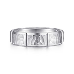 14K White Gold 6mm - Men's Wedding Band with Hammered Stations