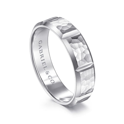 Zachary - 14K White Gold 6mm - Men's Wedding Band with Hammered Stations