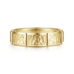 14K Yellow Gold 6mm - Men's Wedding Band with Hammered Stations