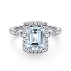 Zeena - 14K White Gold Emerald Halo Aquamarine and Diamond Engagement Ring
