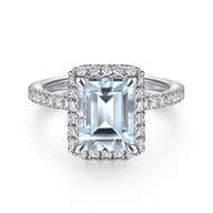 Zeena - 14K White Gold Emerald Halo Aquamarine and Diamond Engagement Ring