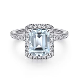 Zeena - 14K White Gold Emerald Halo Aquamarine and Diamond Engagement Ring