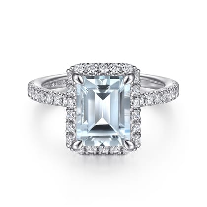 Zeena - 14K White Gold Emerald Halo Aquamarine and Diamond Engagement Ring