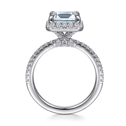 Zeena - 14K White Gold Emerald Halo Aquamarine and Diamond Engagement Ring