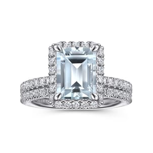 Zeena - 14K White Gold Emerald Halo Aquamarine and Diamond Engagement Ring