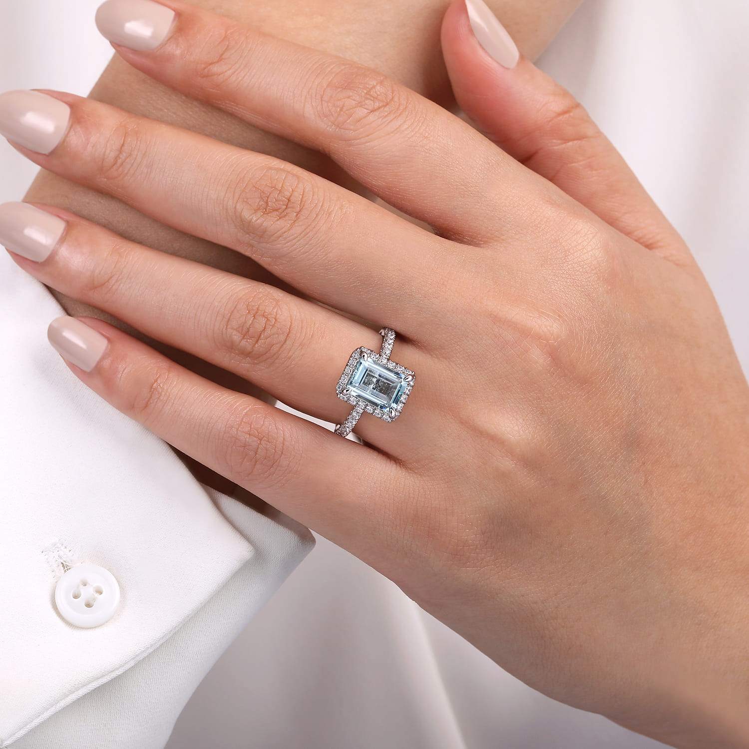 Zeena - 14K White Gold Emerald Halo Aquamarine and Diamond Engagement Ring