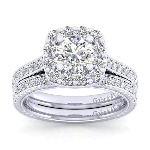 Zelda - Vintage Inspired 14K White Gold Round Halo Diamond Engagement Ring - 0.71 ct - Shot 4