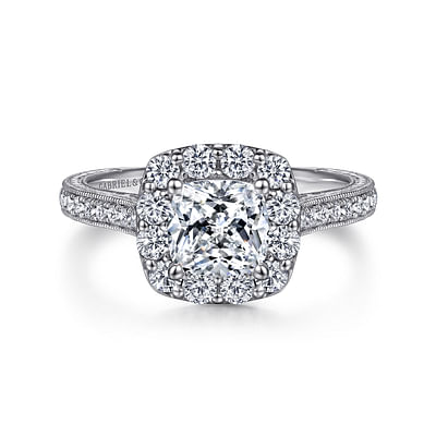 Zelda - Vintage Inspired Platinum Cushion Halo Diamond Engagement Ring
