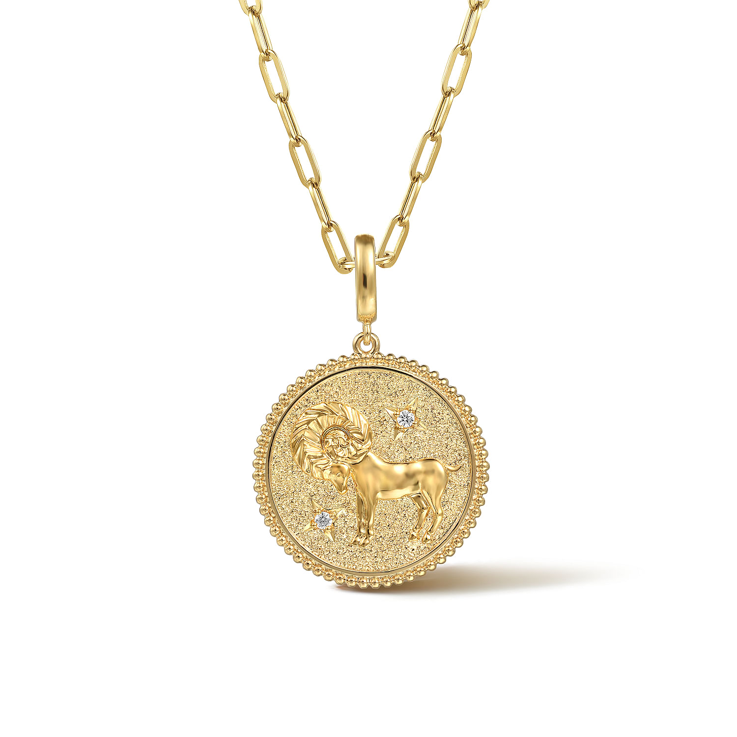 Zodiac - 14K Yellow Gold Diamond Bujukan Aries Medallion Pendant - 0.05 ct - Shot 2