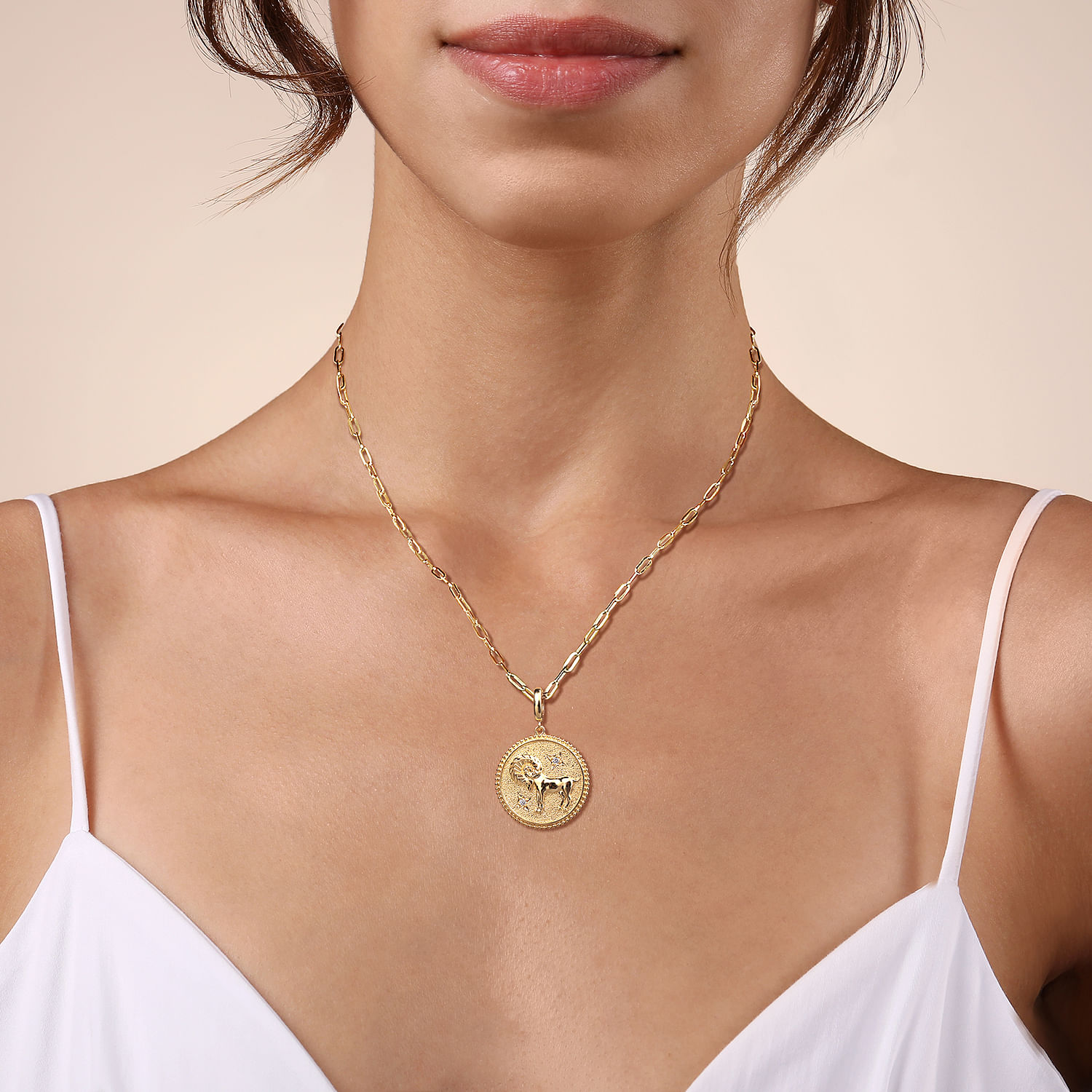 Zodiac - 14K Yellow Gold Diamond Bujukan Aries Medallion Pendant - 0.05 ct - Shot 3