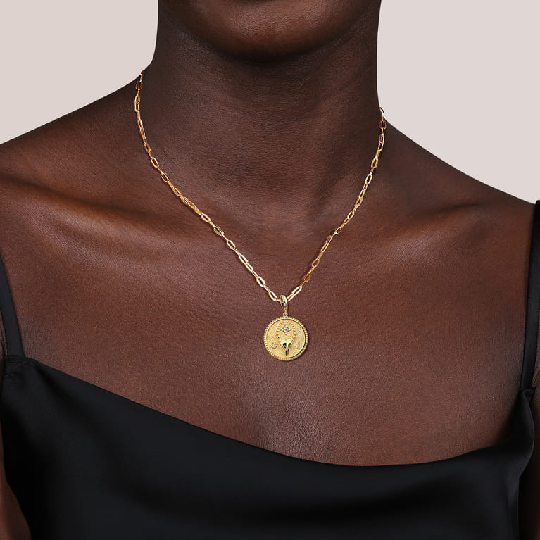 Zodiac - 14K Yellow Gold Diamond Bujukan Capricorn Medallion Pendant With Detachable Bail - 0.07 ct - Shot 4