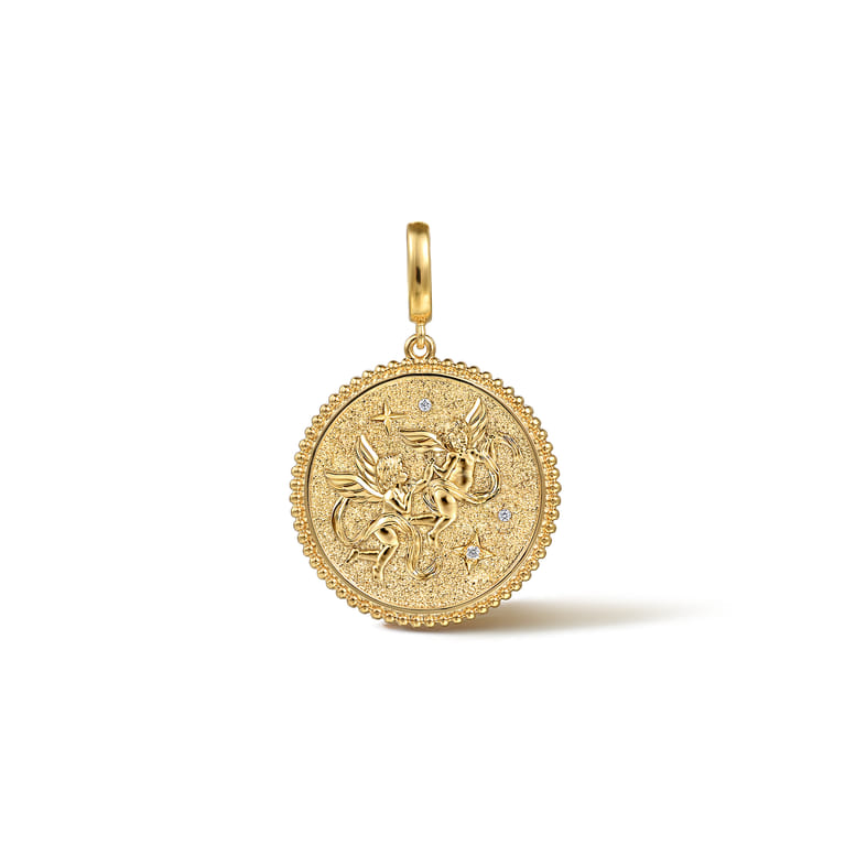 Zodiac - 14K Yellow Gold Diamond Bujukan Gemini Medallion Pendant With Detachable Bail - 0.04 ct - Shot 1