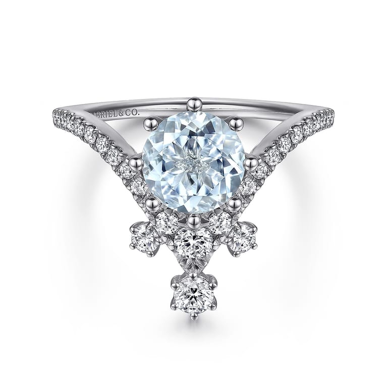Royalty - 14K White Gold Chevron Aquamarine and Diamond Engagement Ring - 0.5 ct - Shot 1