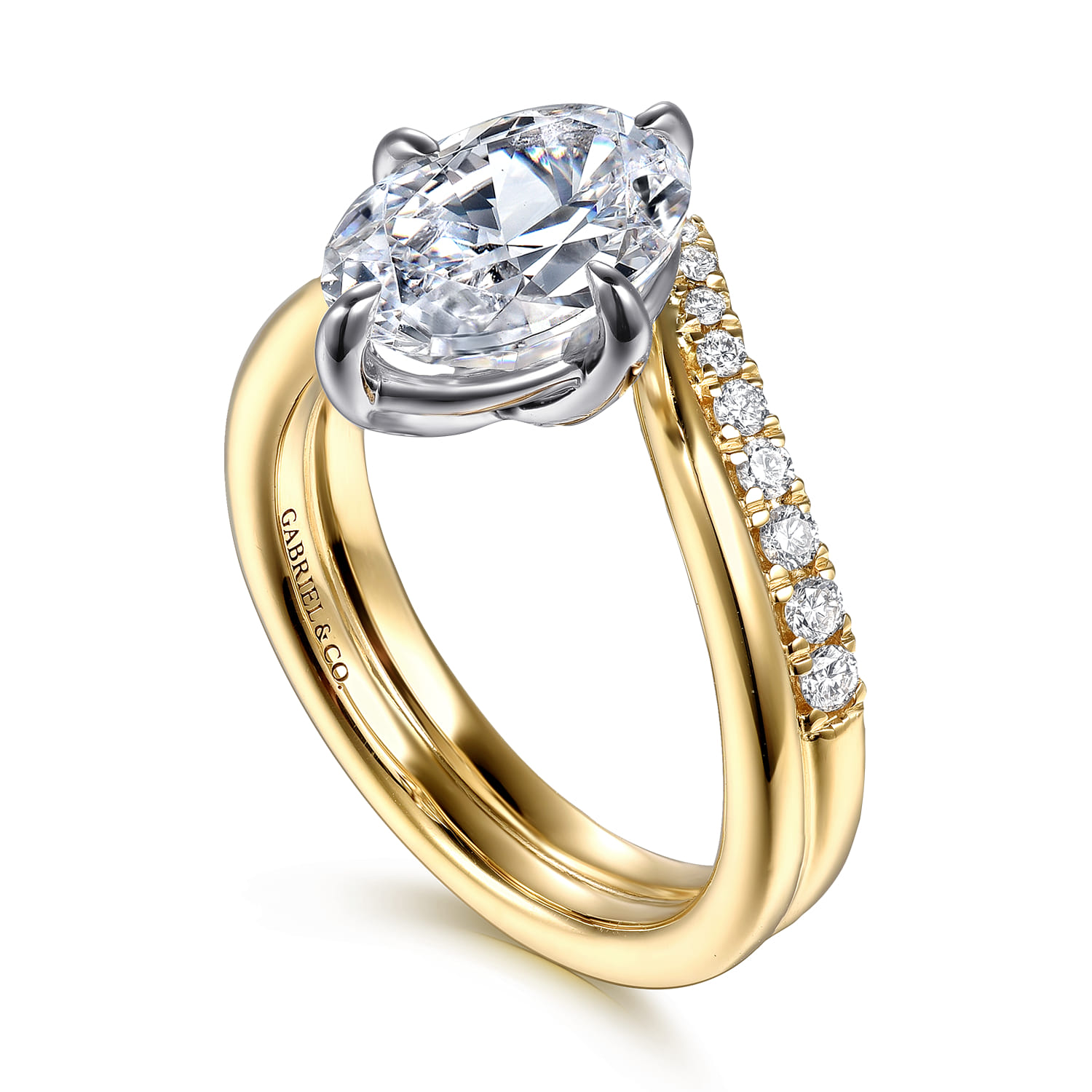 Crista - 14K White-Yellow Gold Chevron Compass Prong Oval Diamond Engagement Ring - 0.25 ct - Shot 3