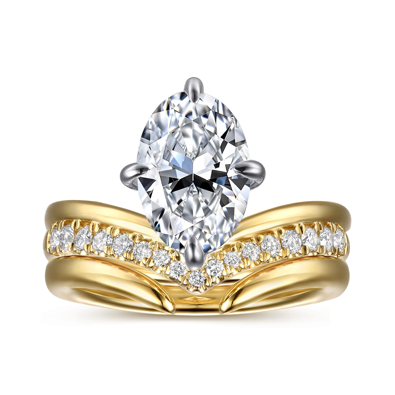 Crista - 14K White-Yellow Gold Chevron Compass Prong Oval Diamond Engagement Ring - 0.25 ct - Shot 4