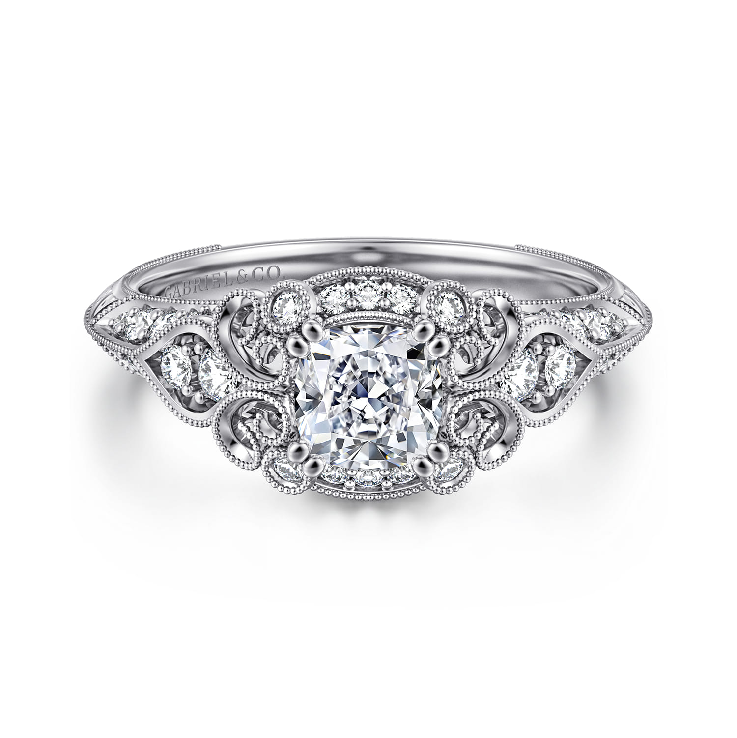 Abel - Unique 14K White Gold Vintage Inspired Cushion Halo Diamond Engagement Ring - 0.3 ct - Shot 1