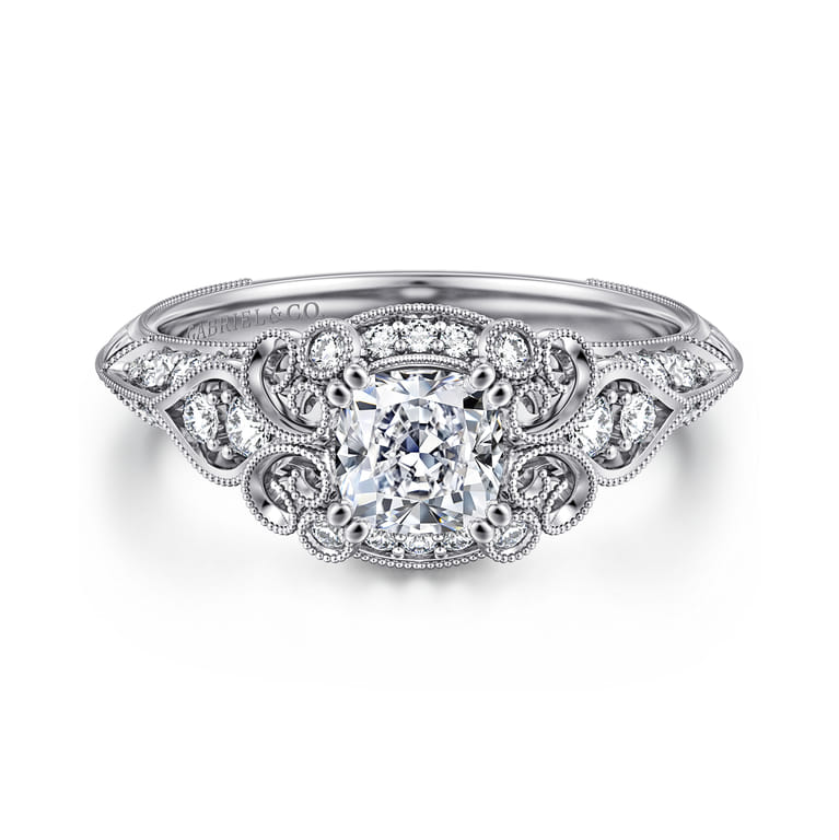 Abel - Unique 14K White Gold Vintage Inspired Cushion Halo Diamond Engagement Ring - 0.3 ct - Shot 1