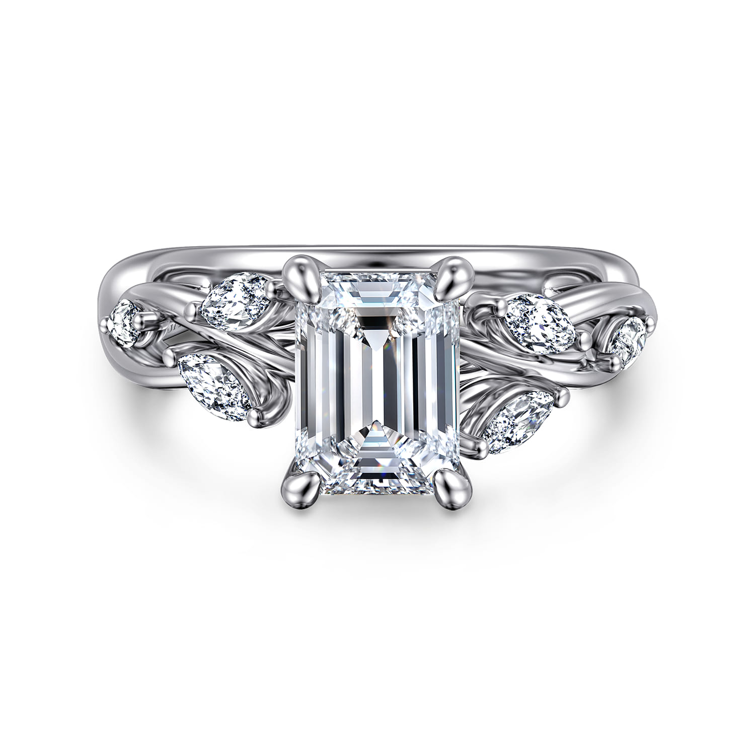 Charlina - 14K White Gold Floral Emerald Cut Diamond Engagement Ring - 0.35 ct - Shot 1
