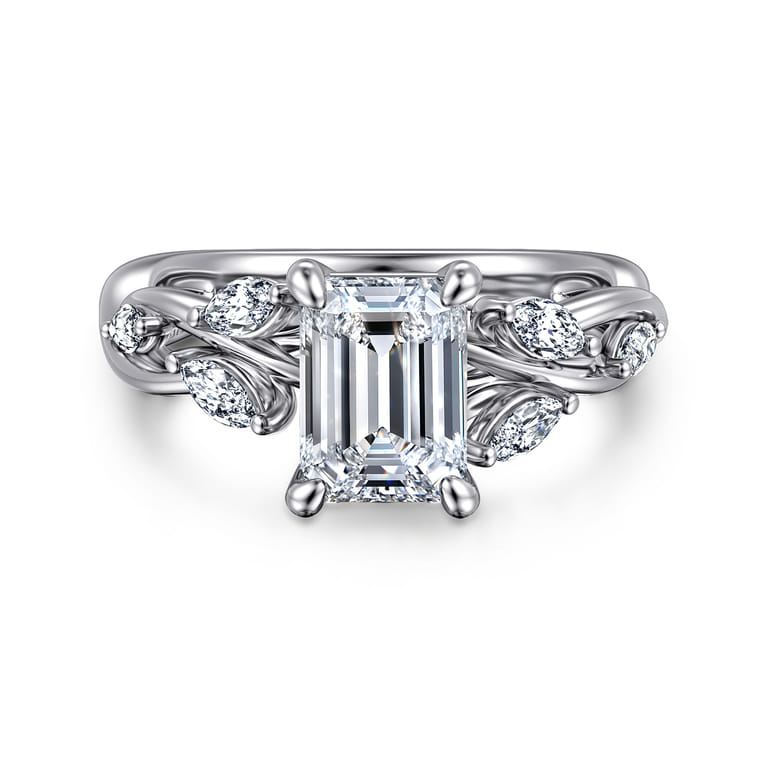 Charlina - 14K White Gold Floral Emerald Cut Diamond Engagement Ring - 0.35 ct - Shot 1