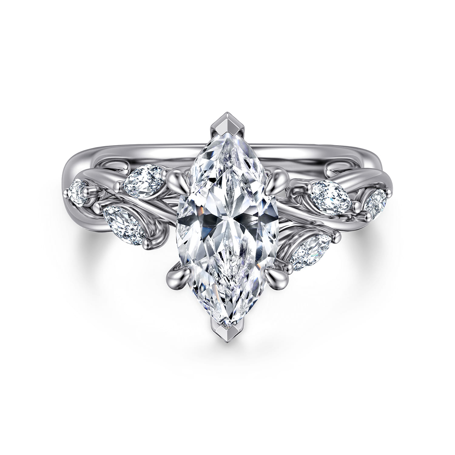 Charlina - 14K White Gold 6 Prong Floral Marquise Shape Diamond Engagement Ring - 0.35 ct - Shot 1
