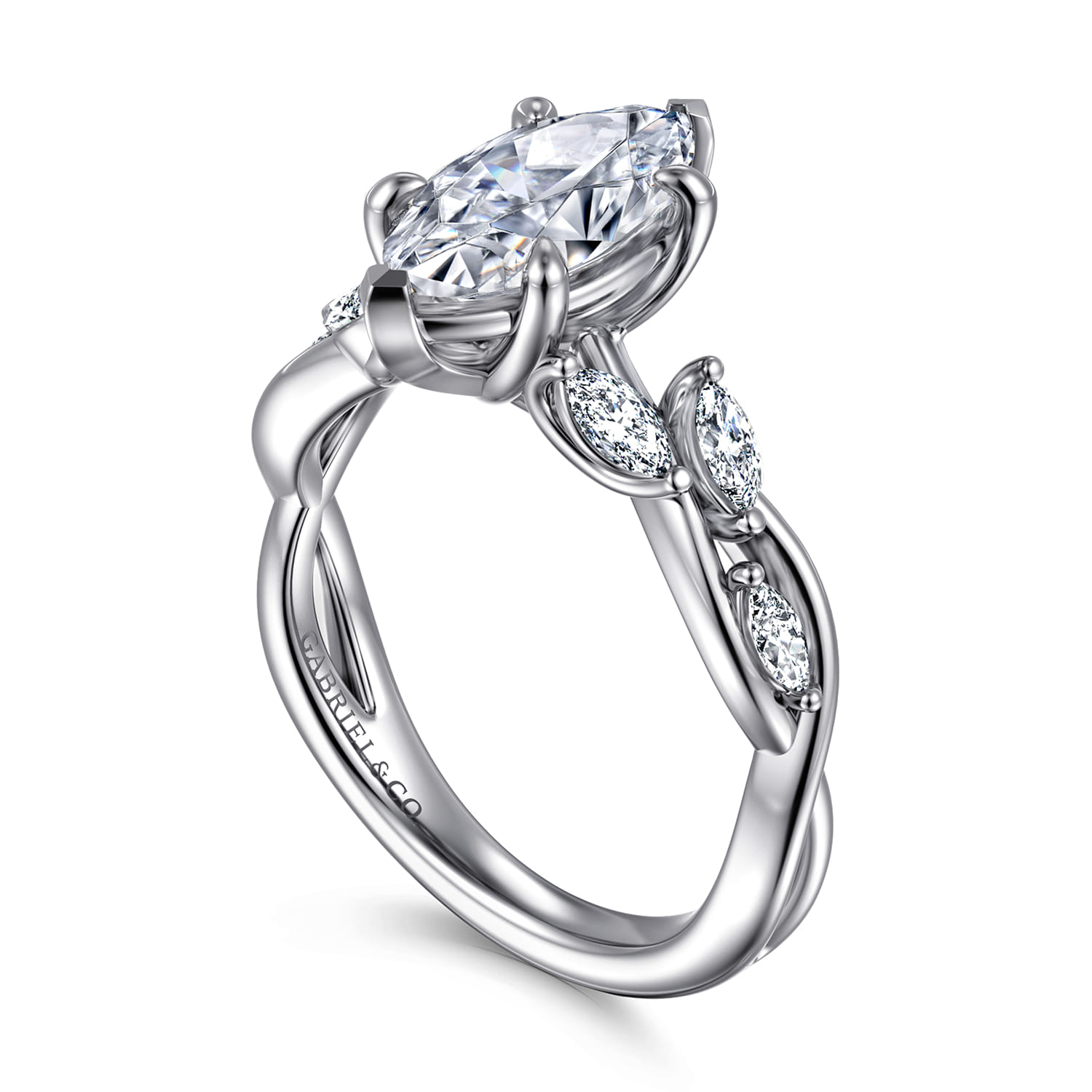 Charlina - 14K White Gold 6 Prong Floral Marquise Shape Diamond Engagement Ring - 0.35 ct - Shot 3